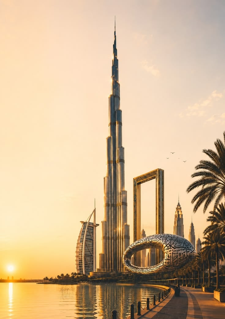 Burj Khalifa and the Downtown Dubai skyline lit up at night