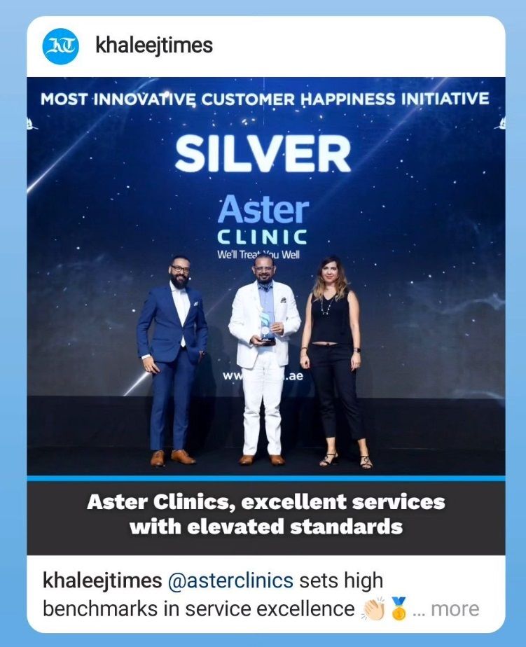 Award presentation on stage for the Most Innovative Customer Happiness Initiative, shared as a Khaleej Times post