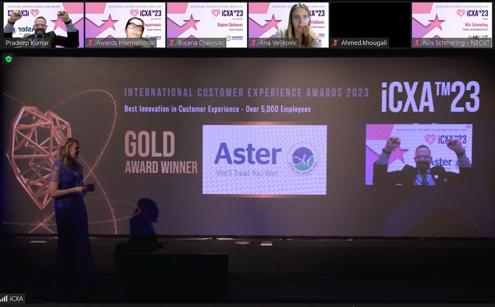 MAGICX founder Pradeep Kumar on a video call screen celebrating a Gold award for Best Innovation in Customer Experience at the International Customer Experience Awards 2023