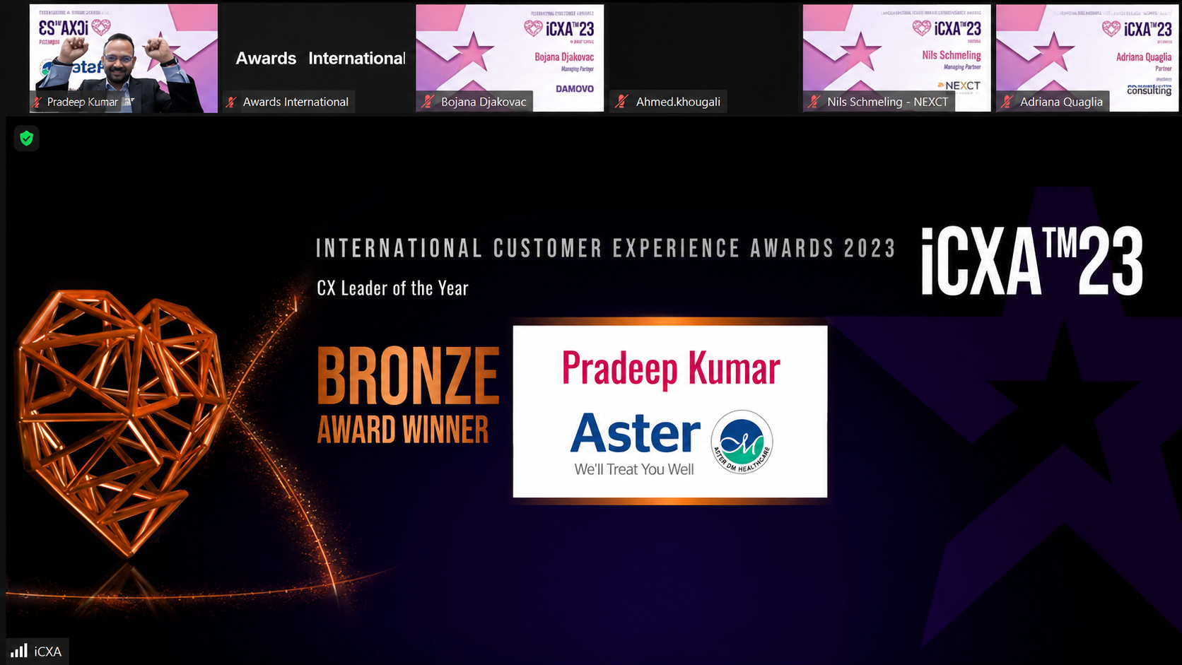 MAGICX founder Pradeep Kumar on a video call screen celebrating a Bronze award for CX Leader of the Year at the International Customer Experience Awards 2023