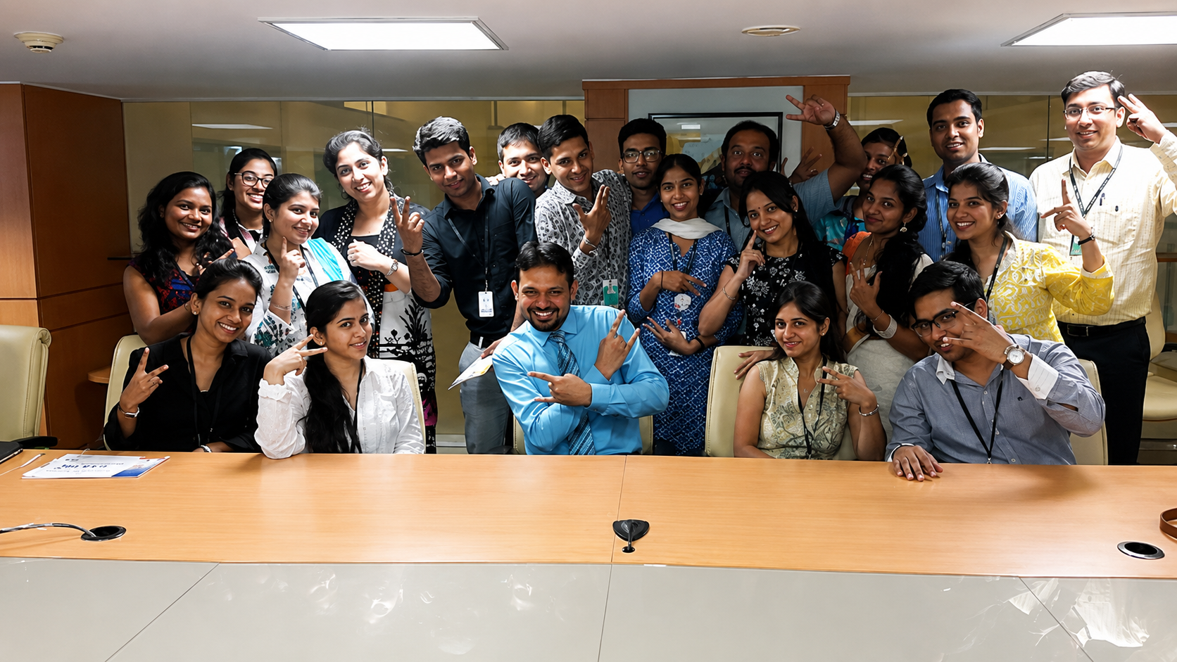 A large team of about twenty colleagues crowded around a boardroom table making cheerful hand gestures