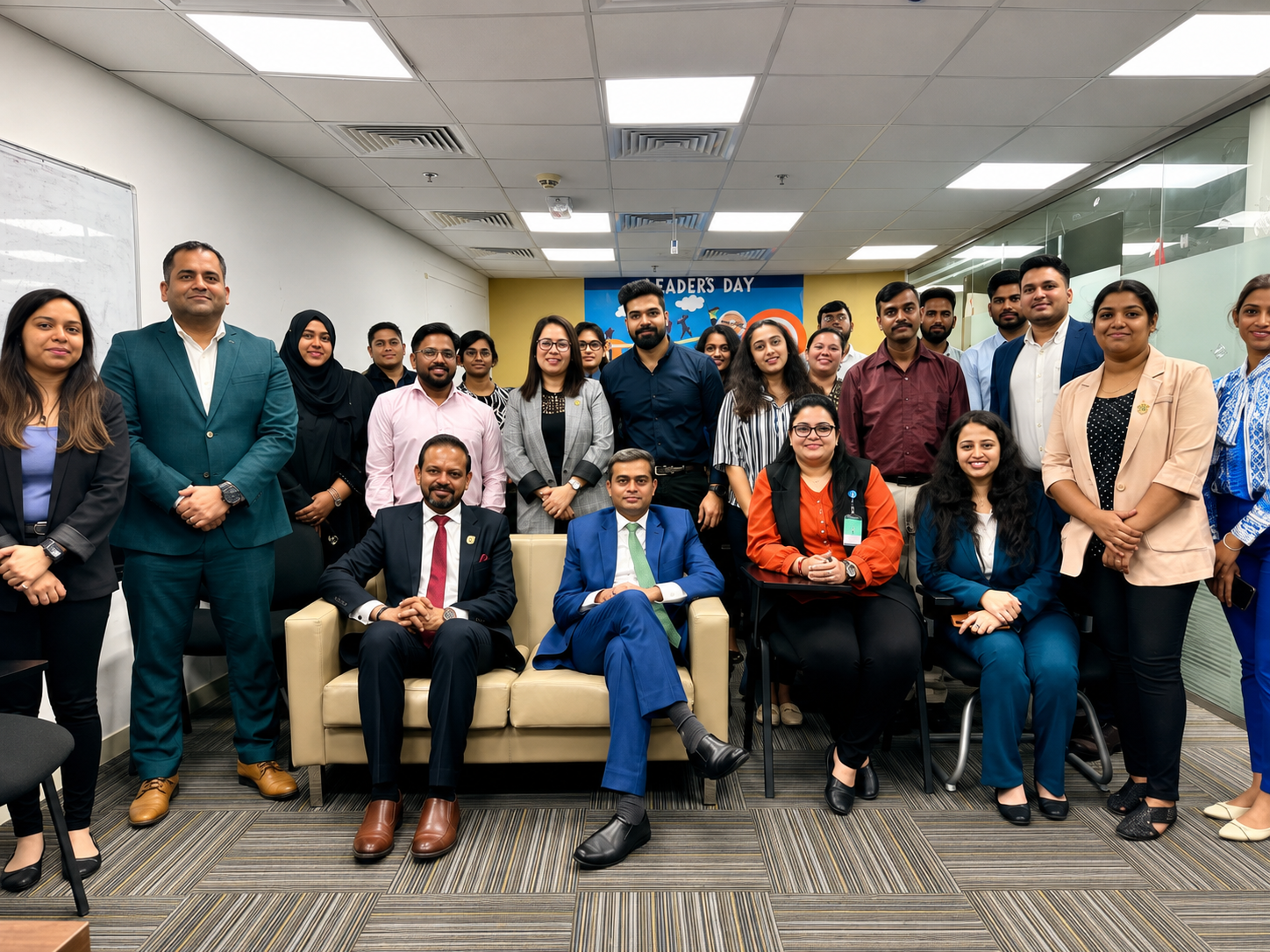 A large team posing together in an office beneath a Leader's Day banner