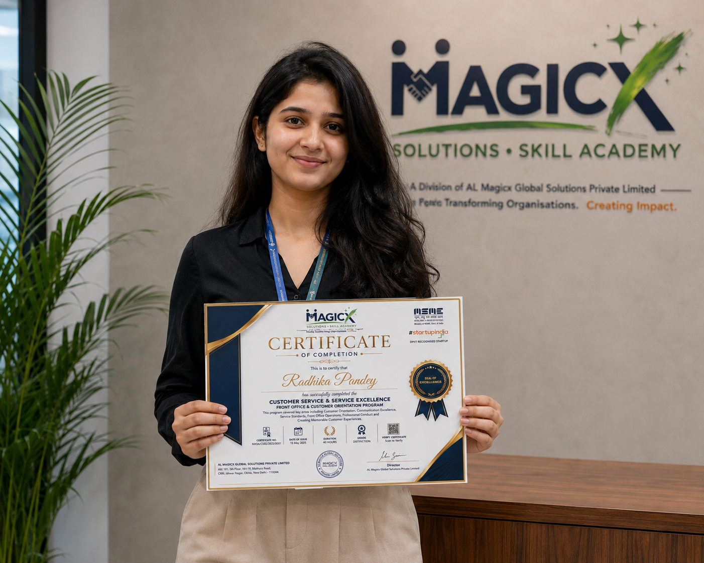 Radhika Pandey holding her MAGICX certificate of completion